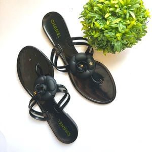 Chanel Authentic Camellia Black Sandals Flip Flops